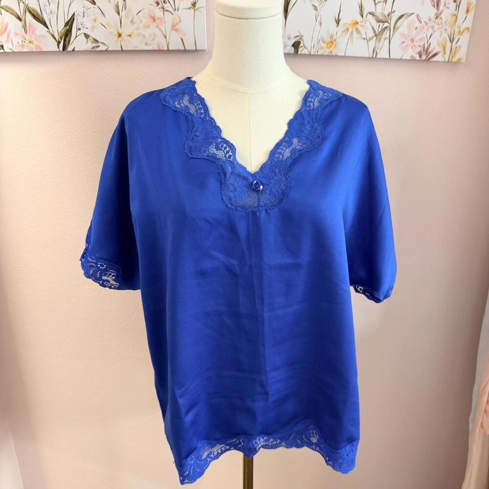 Victoria’s Secret Blue Satin Lace Trim Blouse | Vintage Sleep Top | M